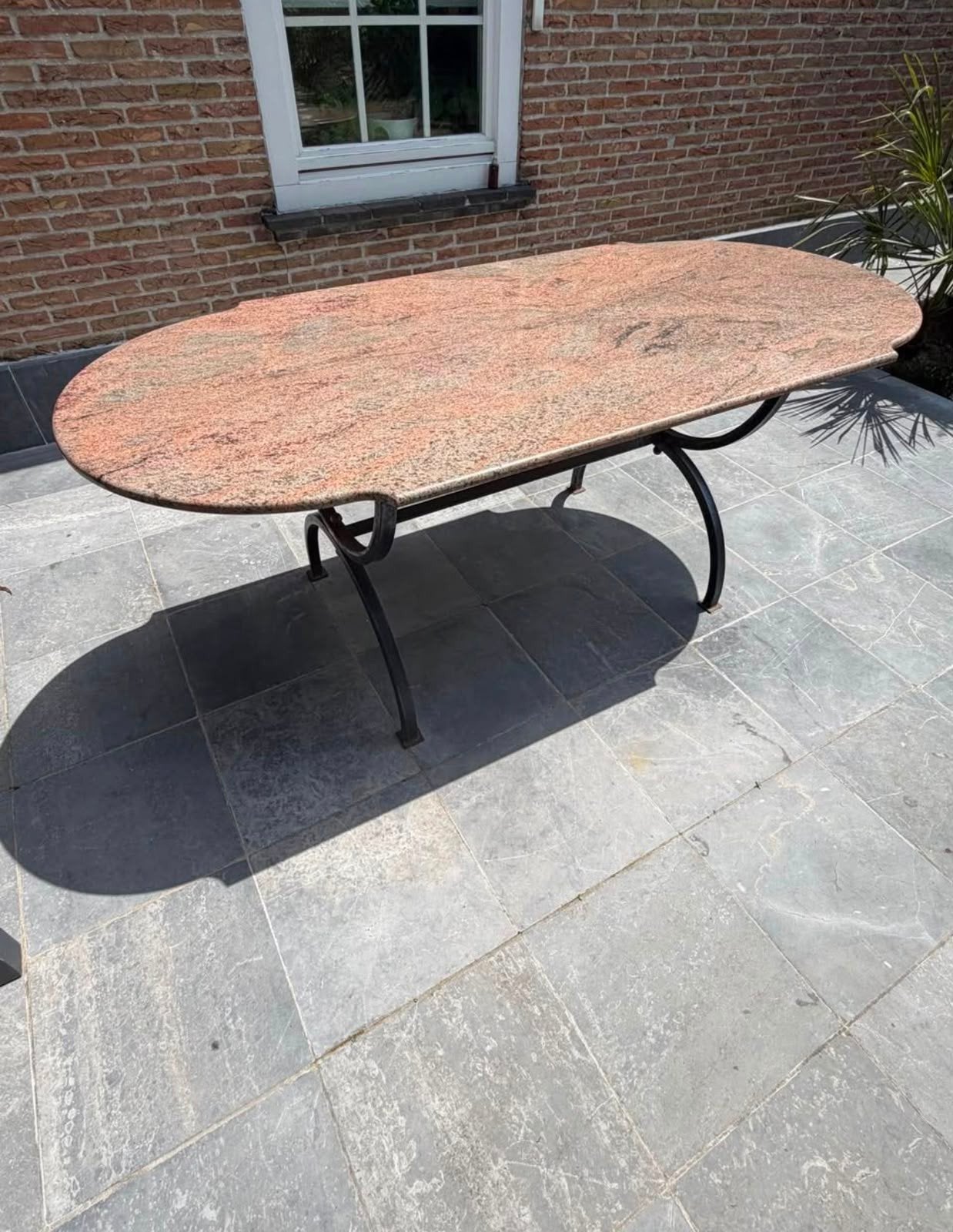 Marmeren tafel (1m90 x 90cm x 78cm) inclusief 6 stoelen, Tuin en Terras, Tuintafels, Ophalen, Zo goed als nieuw, Ovaal, Overige materialen