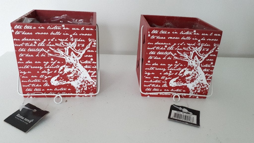 Kerstdecoratie / set van 2 rode theelichthouders/bloempotjes, Ophalen, Zo goed als nieuw