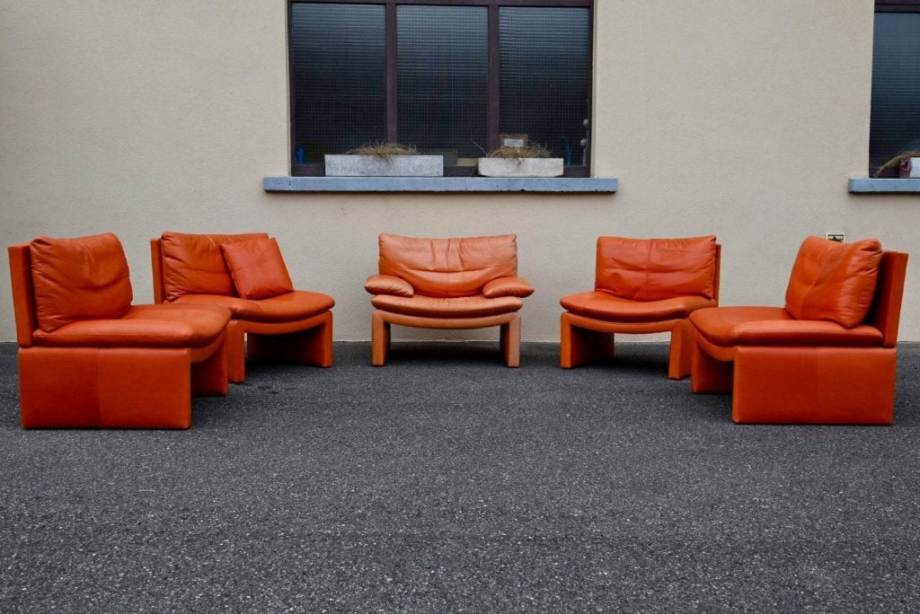 5 chauffeuses cuir orange design italien 70s, Enlèvement, Utilisé, Cuir, Design