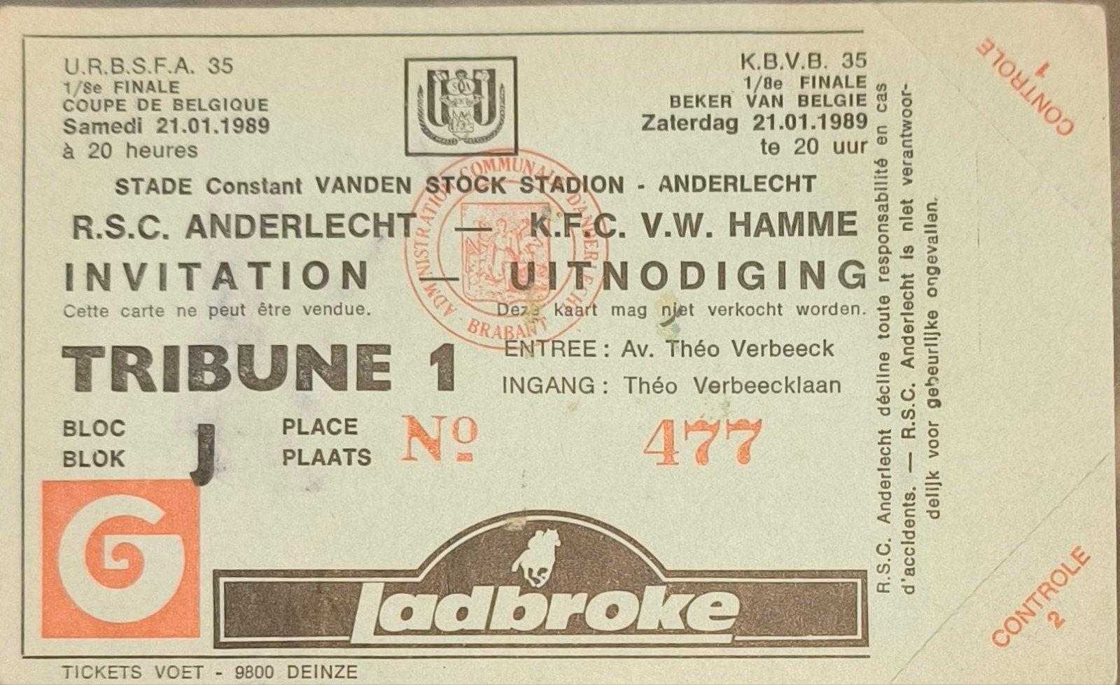 ticket RSC Anderlecht vs Hamme 1989, Enlèvement ou Envoi