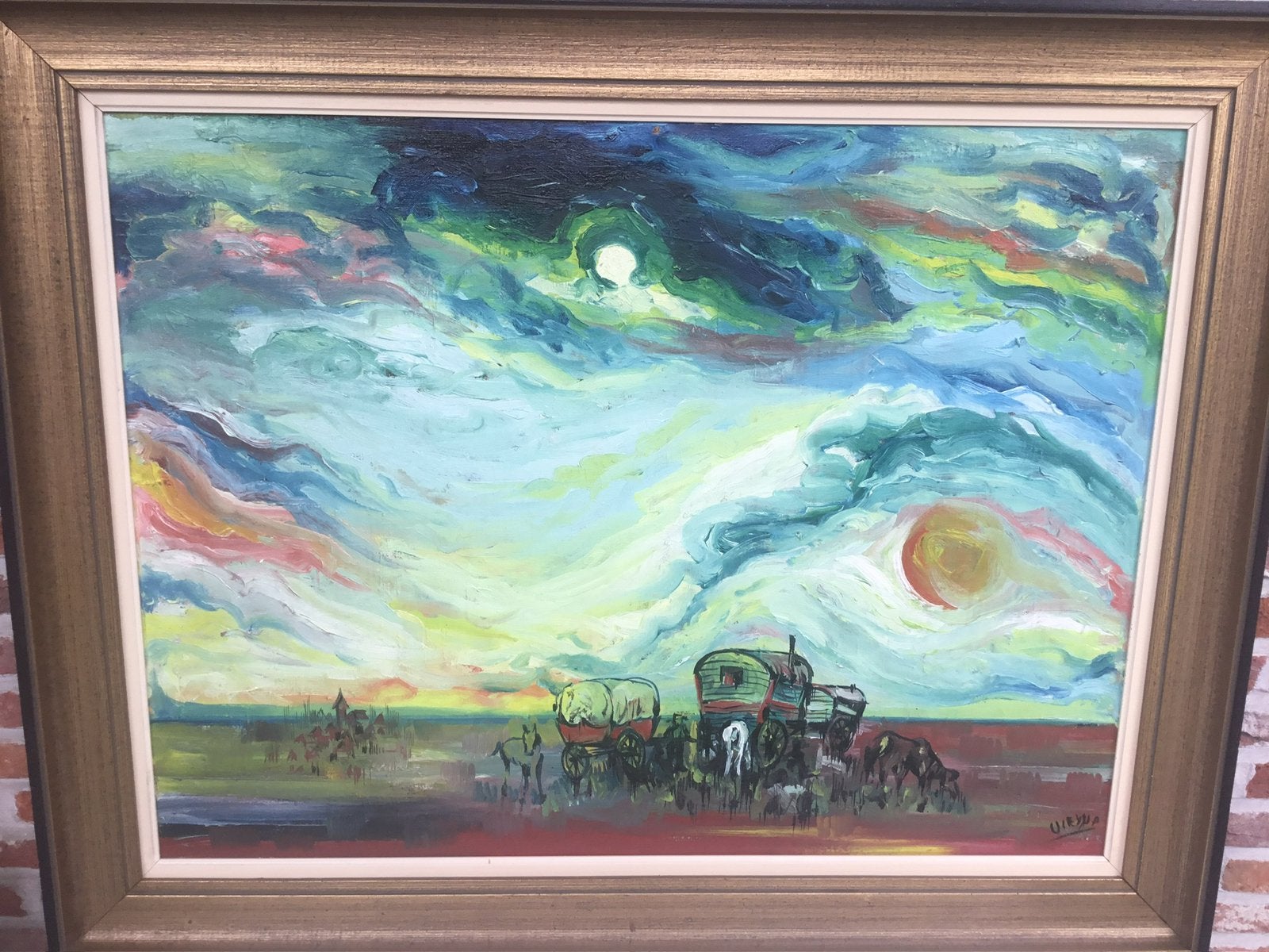 Olie/doek-getekend-Het wilde Westen-afm.95x75cm met kader, Ophalen