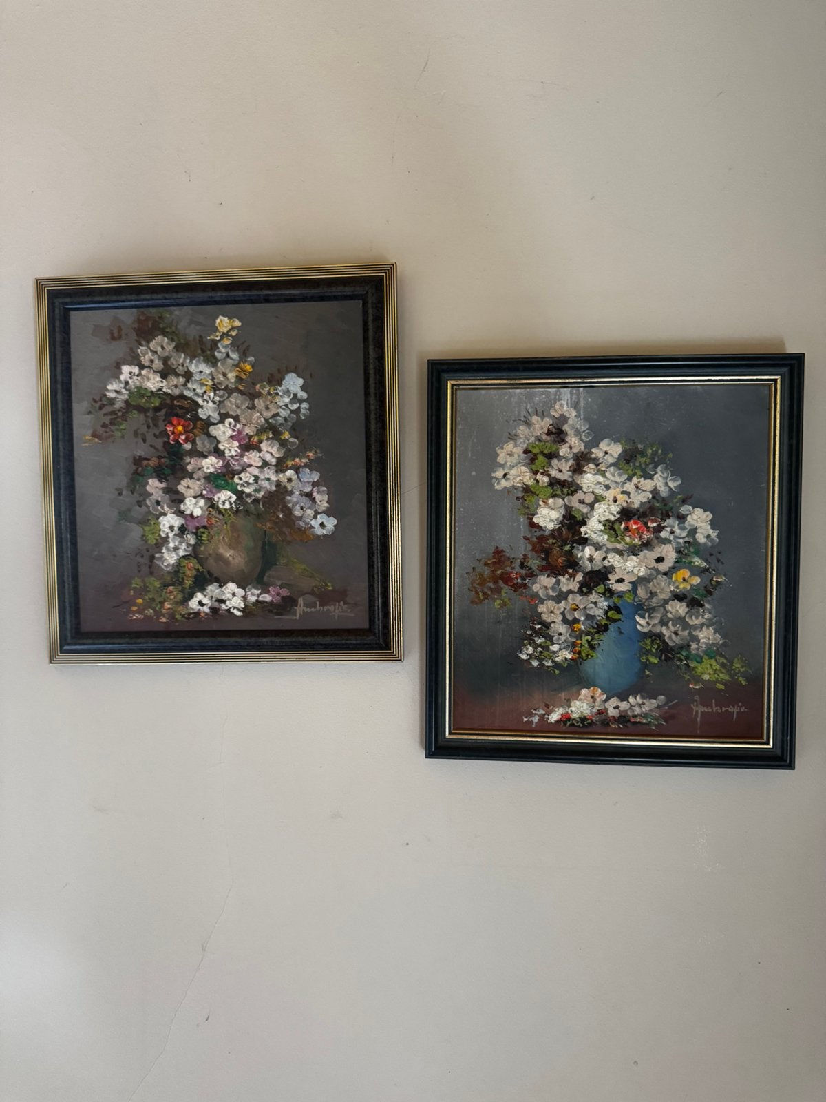 Paar Vintage Bloemstillevens – Olieverf Amstrogio (ca. 1960), Ophalen of Verzenden
