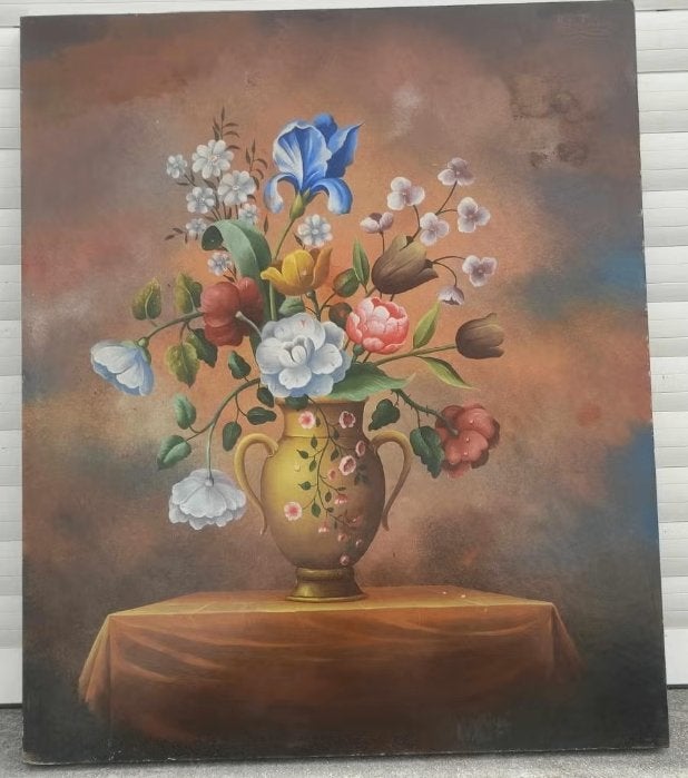 huile sur panneau ‘fleur’ signe carl prevot, Antiek en Kunst, Ophalen of Verzenden, Paneel