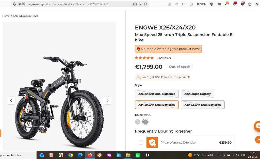 ENGWE X24 comme neuf, Autres marques, Vitesses, 65 cm ou plus, Comme neuf