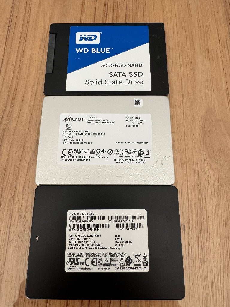 3x 2.5" SATA SSD 500GB / 512GB - Samsung, WD Blue, Micron, Ophalen of Verzenden, Desktop, SATA, SSD