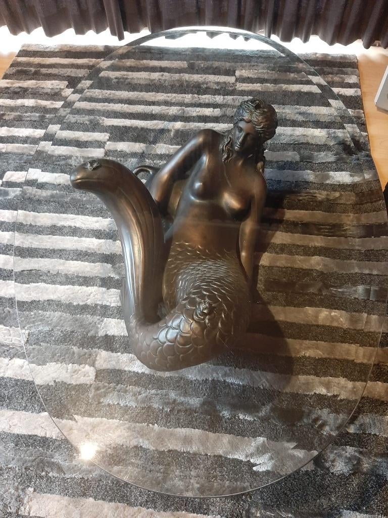 Bronskleurige salontafel zeemeermin met glazen blad, Enlèvement, Comme neuf, Ovale