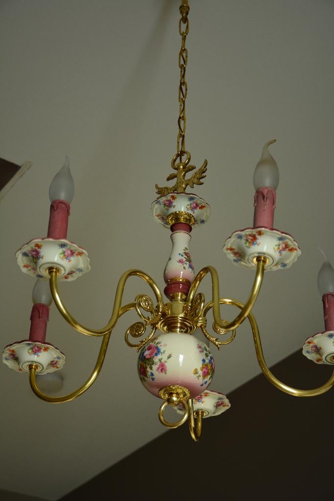 Italiaanse kroonluchter messing met porselein, Huis en Inrichting, Lampen | Kroonluchters, Zo goed als nieuw, Metaal, Overige materialen