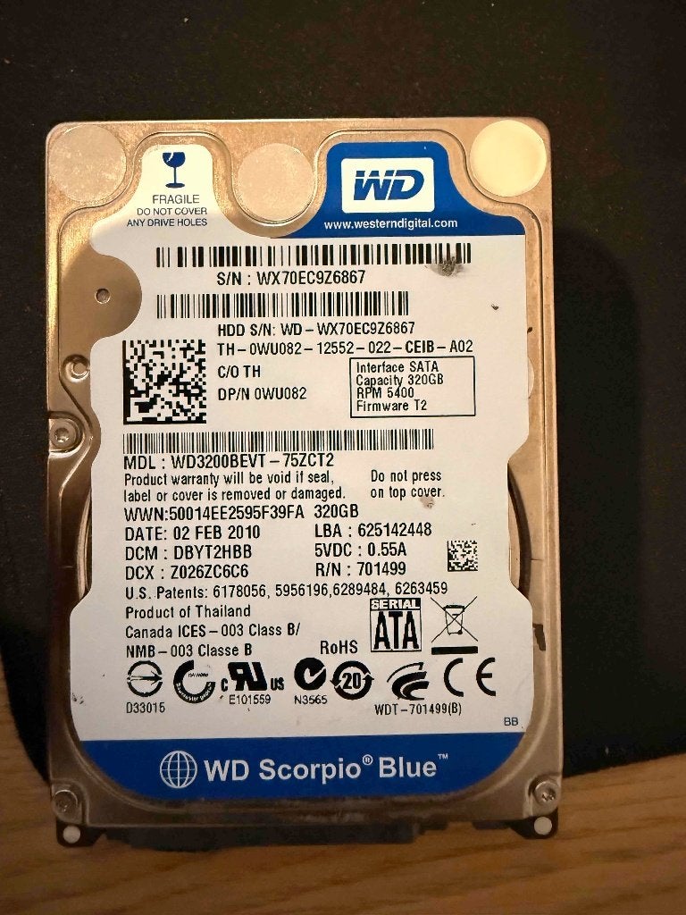 Disque dur SATA 2,5 pouces WD 320 Go, Interne, Utilisé, WD (Western Digital), Laptop