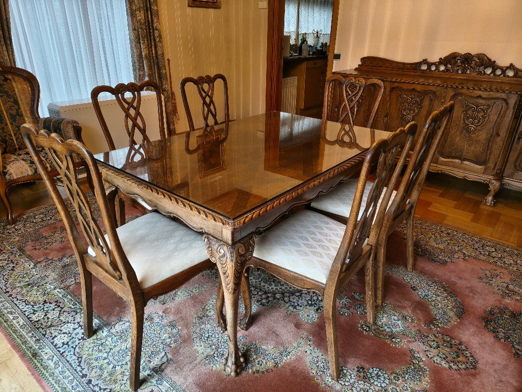 Complete Eiken Eetkamerset Chippendale-stijl (1957), Huis en Inrichting, Ophalen, Gebruikt, Chippendale-stijl, 6 tot 8 stoelen