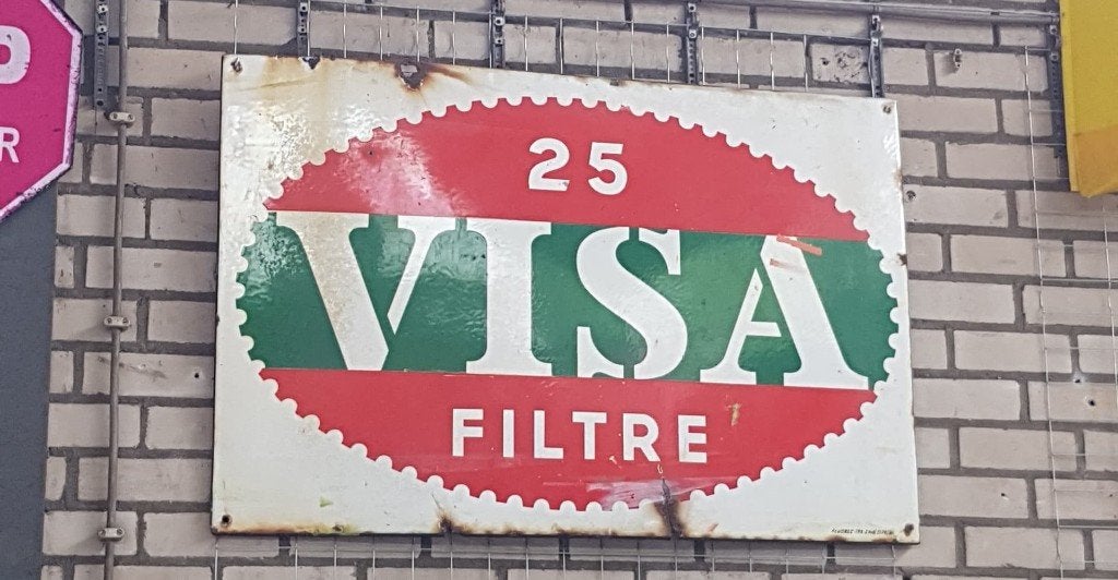 Visa filtre oud emaillen reclame bord, Verzamelen, Ophalen, Gebruikt, Reclamebord