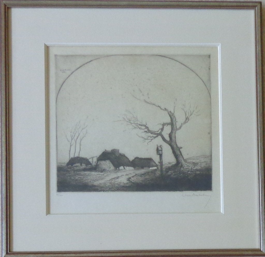 DIRK BAKSTEEN / KEMPISCHE HOEVES / ZW-W ETS / 45x46cm KADER, Ophalen of Verzenden, Ets, Gesigneerd