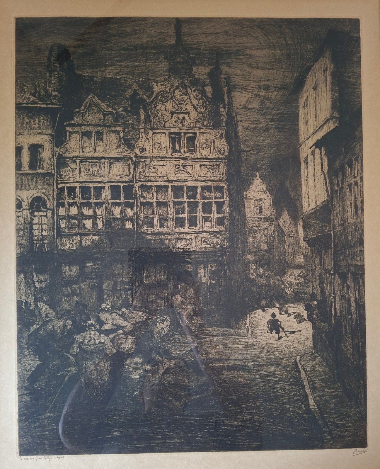 DE BRUYCKER Jules "Maison Jean Palfijn à Gand" ets, Antiek en Kunst, Ophalen, Ets, Ingelijst