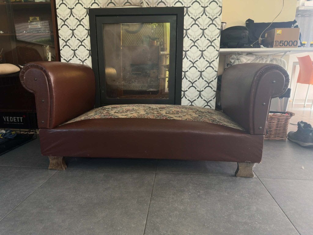 Antieke chaise longue / méridienne met gobelin bekleding, Huis en Inrichting, Ophalen, Gebruikt, Tweepersoons, Hout
