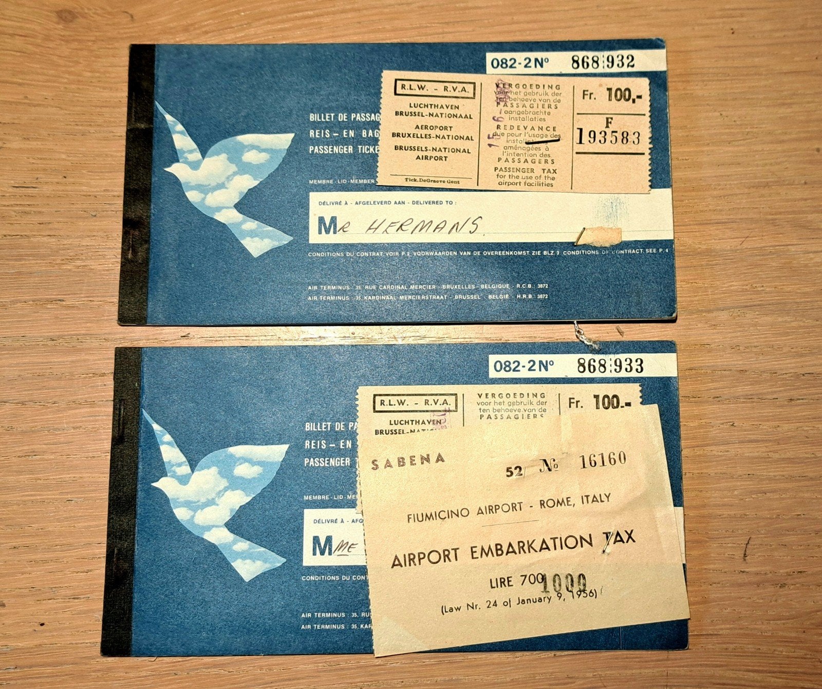 2 billets de passage Sabena Magritte utilisés en 1967, Collections, Enlèvement ou Envoi