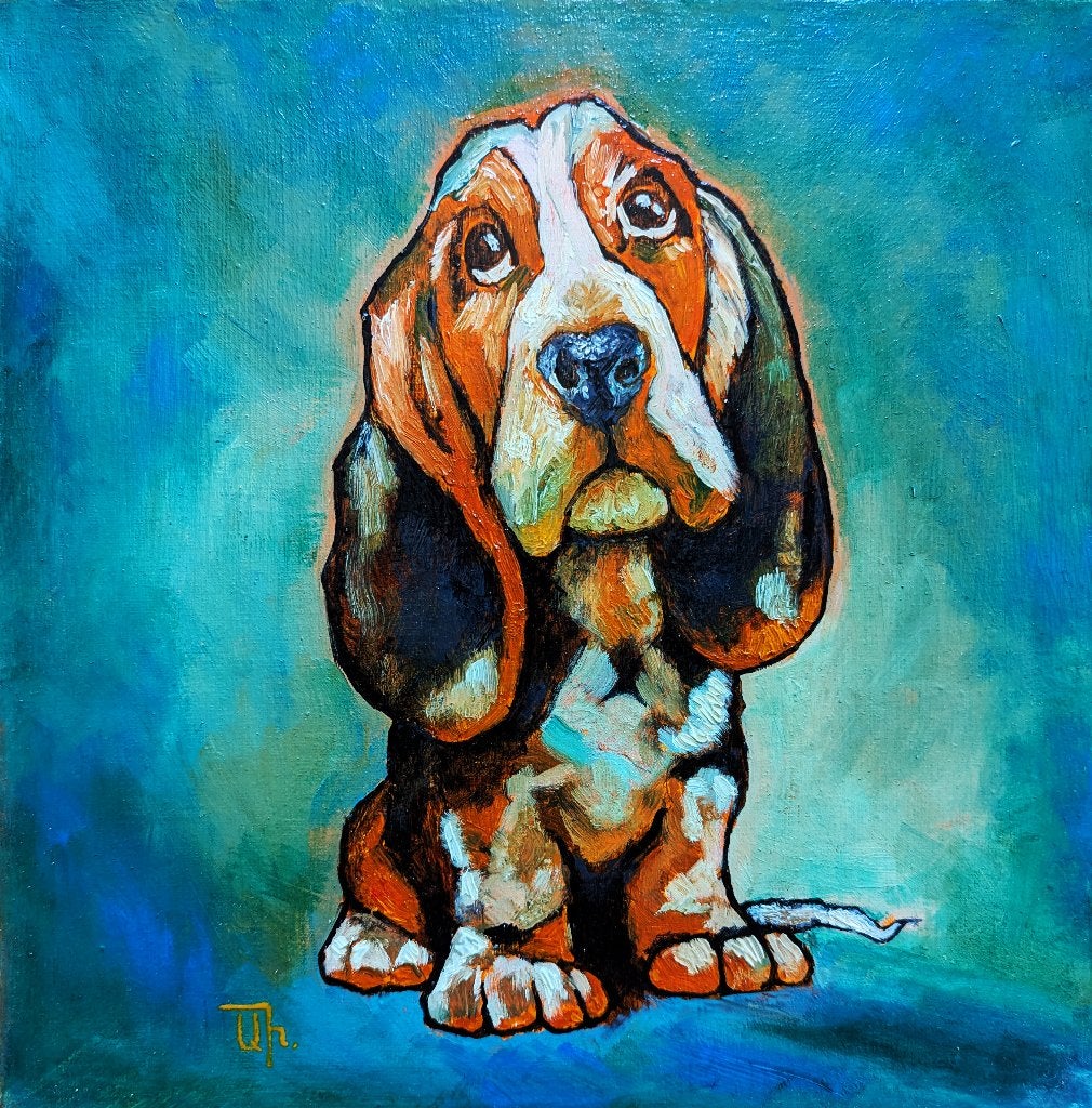 Peinture « Sweet Basset Hound », Antiquités & Art, Art | Peinture | Moderne, Peinture à l'huile, Bois, Animaux, Sur cadre en bois