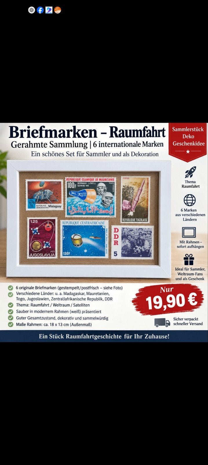 postzegel ruimtevaart ingelijst, Ophalen of Verzenden