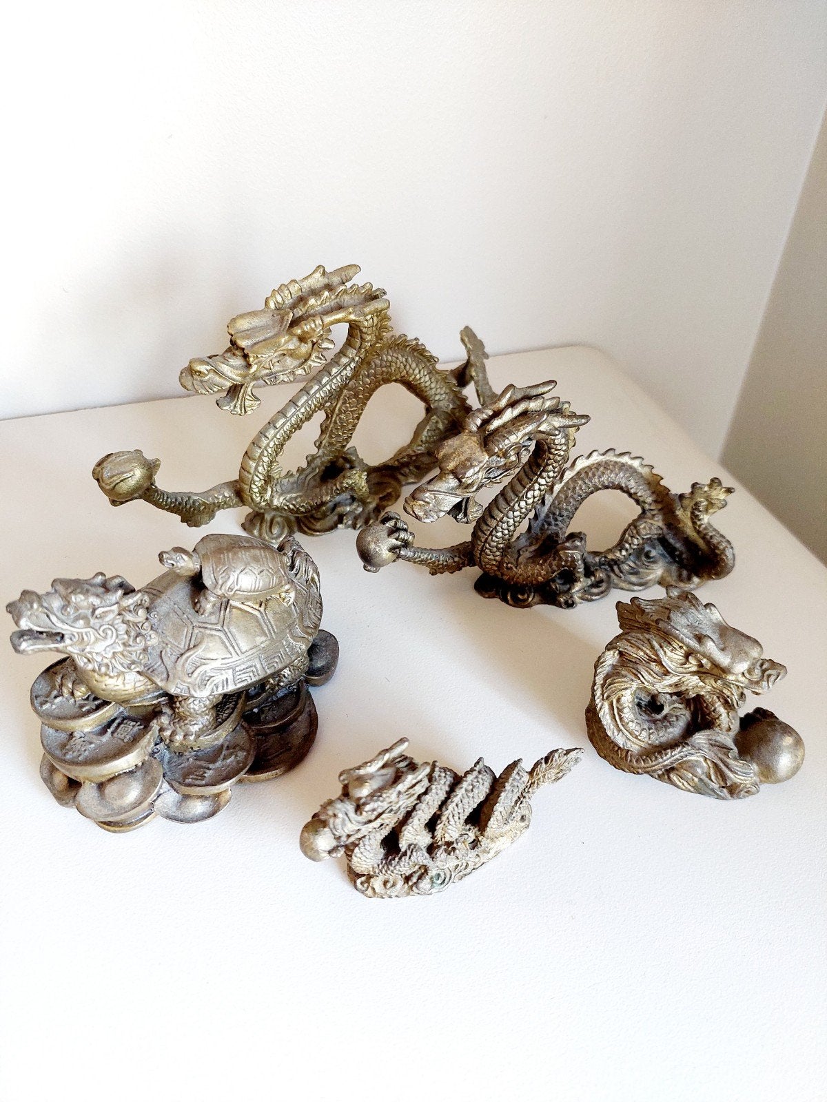Collectie Chinese drakenbeeldjes en drakenschildpad, brons, Ophalen of Verzenden, Brons