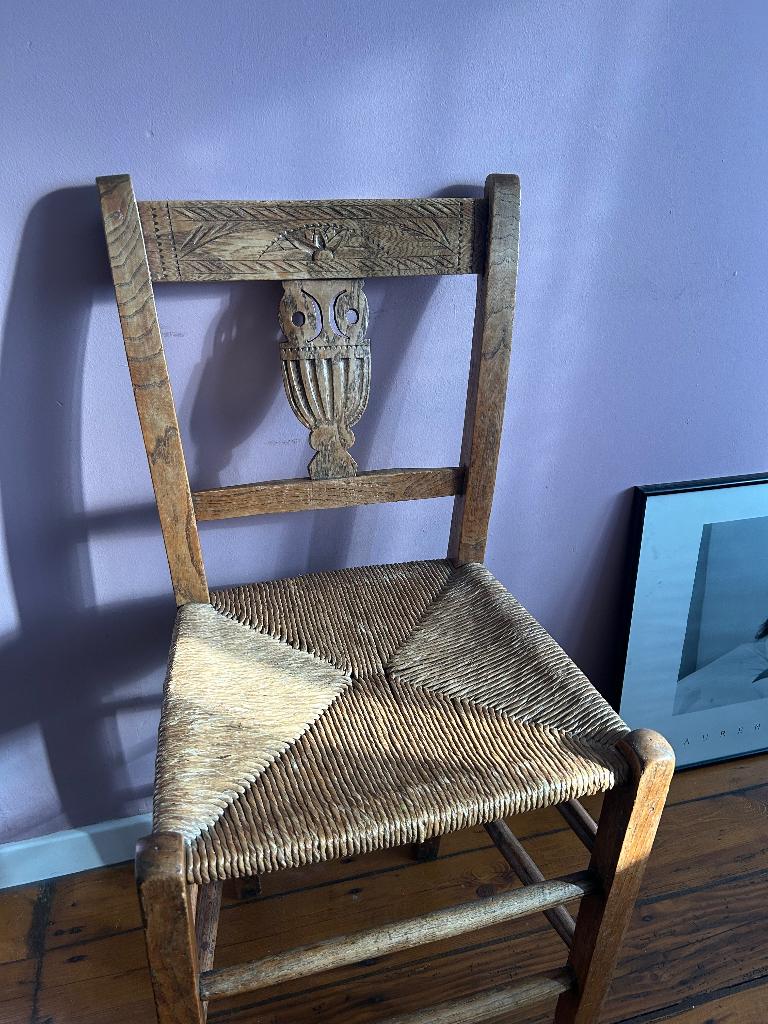 Houten stoel met rieten zitting, Huis en Inrichting, Ophalen, Gebruikt, Bruin, Vintage