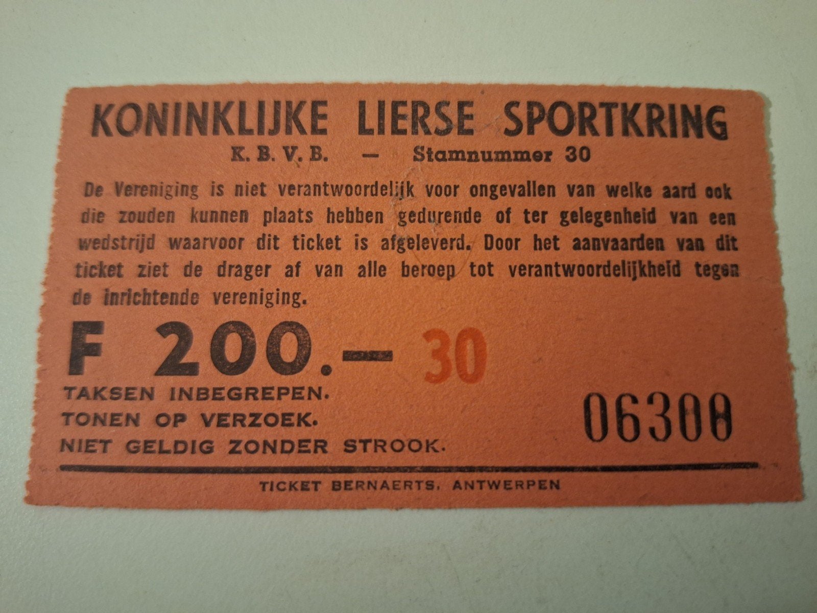 oud toegangsticket Koninklijke Lierse Sportkring 200 frank, Ophalen of Verzenden