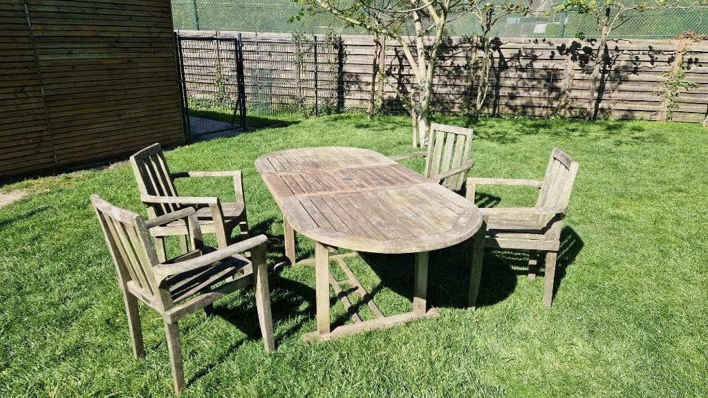 Table de jardin + 4 chaises, Enlèvement, Utilisé, Ovale, Bois de teck