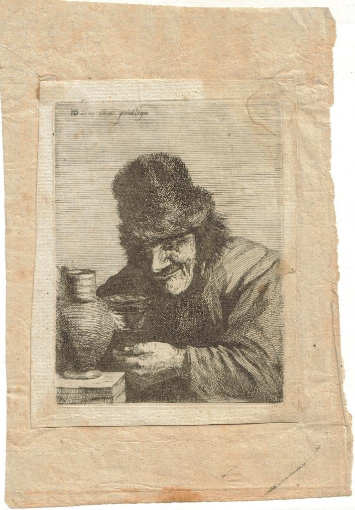 Coryn Boel n D. Teniers ets "Oude Man m. Bontmuts & Wijnglas, Antiquités & Art, Eau-forte, Enlèvement, Vie quotidienne, 1600 - 1699