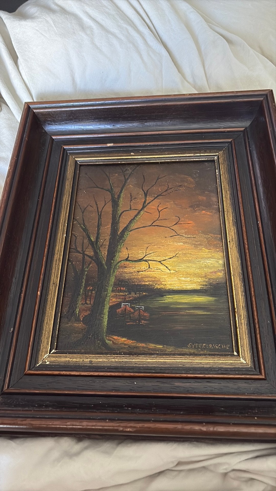 Oud schilderij met houten lijst – gesigneerd “S. De Persene”, Enlèvement ou Envoi