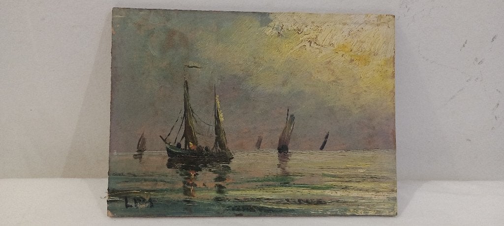 Peinture marine ancienne-Huile sur panneau signée,18x13,n670, Enlèvement ou Envoi, Peinture à l'huile, Panneau, Paysage