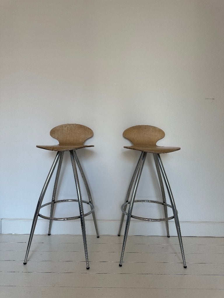 2 Chaises de bar vintage seventies - Acier chromé et bois, Maison & Meubles, Tabourets de bar, Avec repose-pieds, 2 tabourets