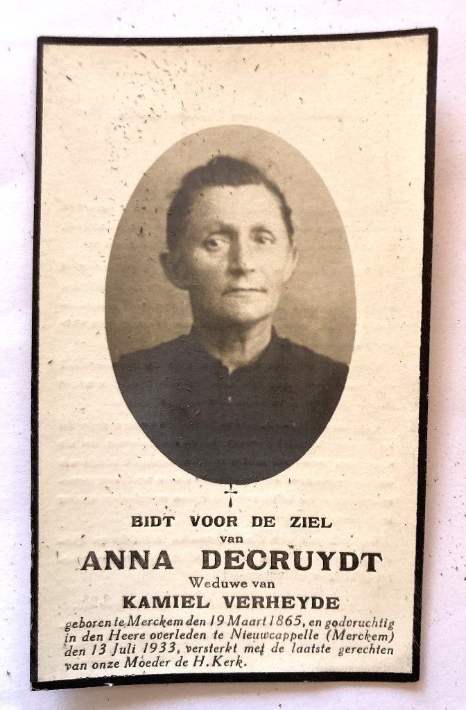 Oud bidprentje met foto van Anna Decruydt, Enlèvement ou Envoi, Image pieuse