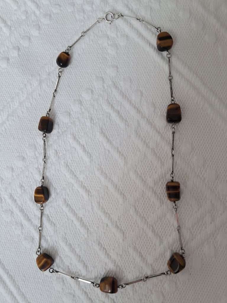 Vintage halsketting van zilver en tijgeroog, Ophalen of Verzenden, Zilver, Ketting