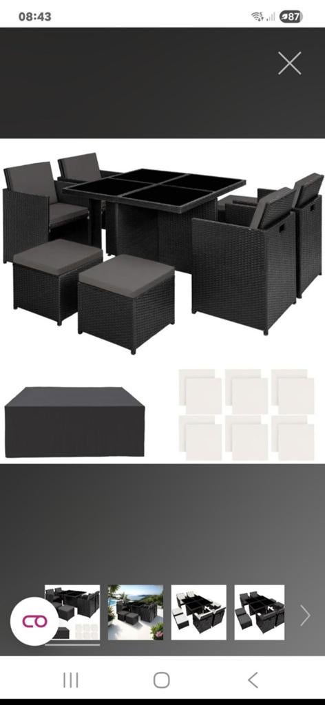 Compacte terrastafel met 4 zetels en kussens en beschermzeil, Jardin & Terrasse, Enlèvement