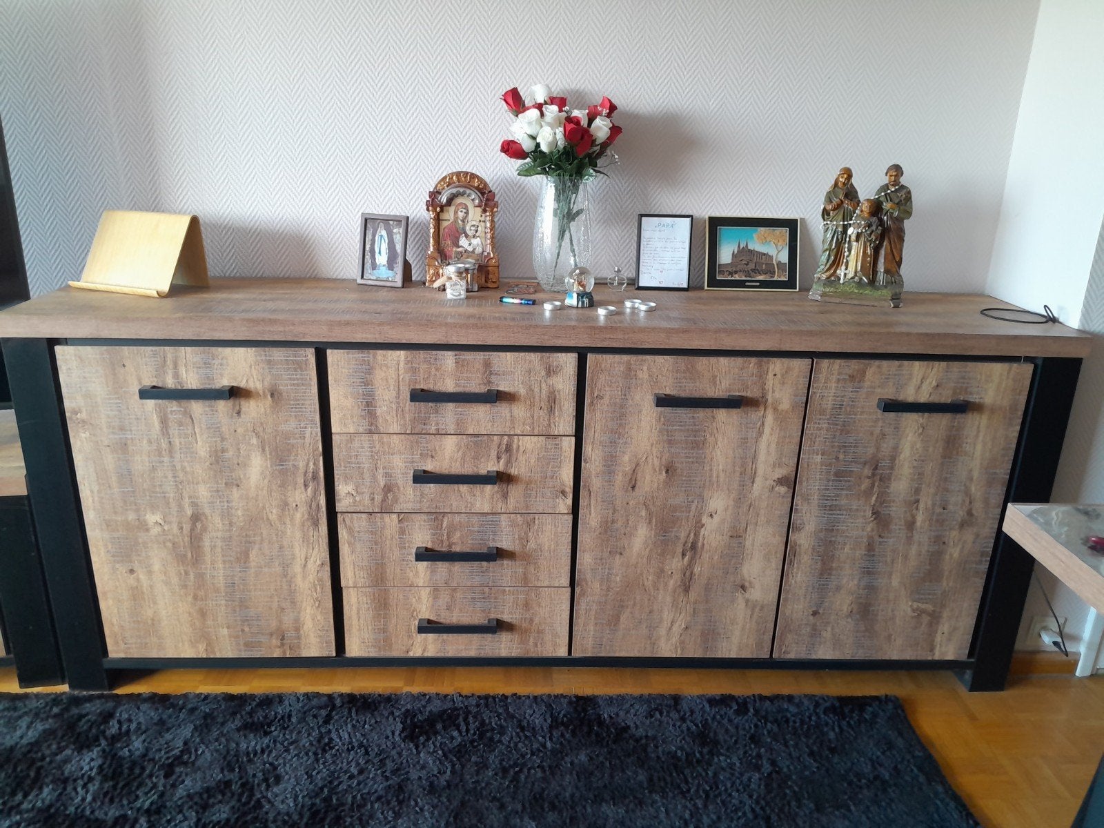 Buffet/dressoir en bois 3 portes et 4 tiroirs, Ophalen, Met lade(s), Rustique campagne, Zo goed als nieuw