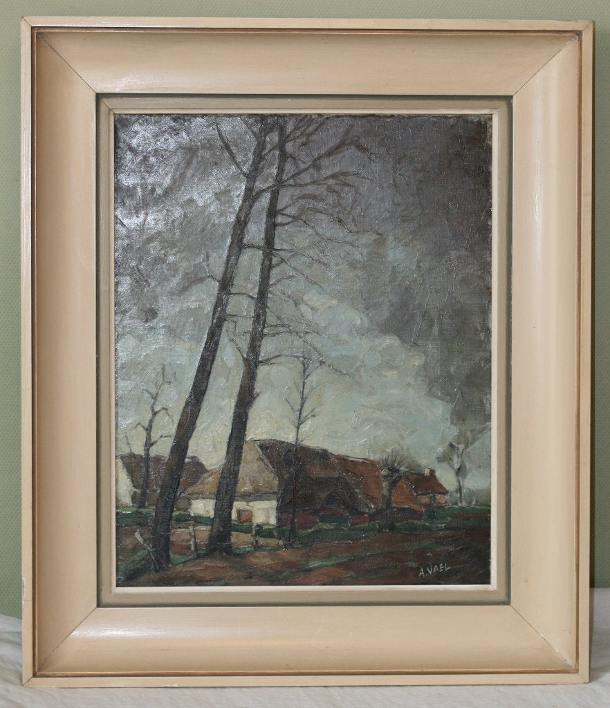 Albert Vael (1914-1981) Schilderij olie op doek, Antiquités & Art, Enlèvement ou Envoi, Peinture à l'huile, Signé, Paysage urbain / rural