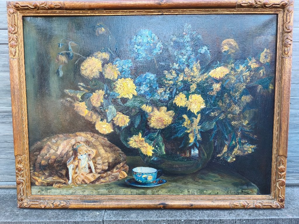 Huile sur toile signe gilberte radermaker, Enlèvement, Fleurs, Toile