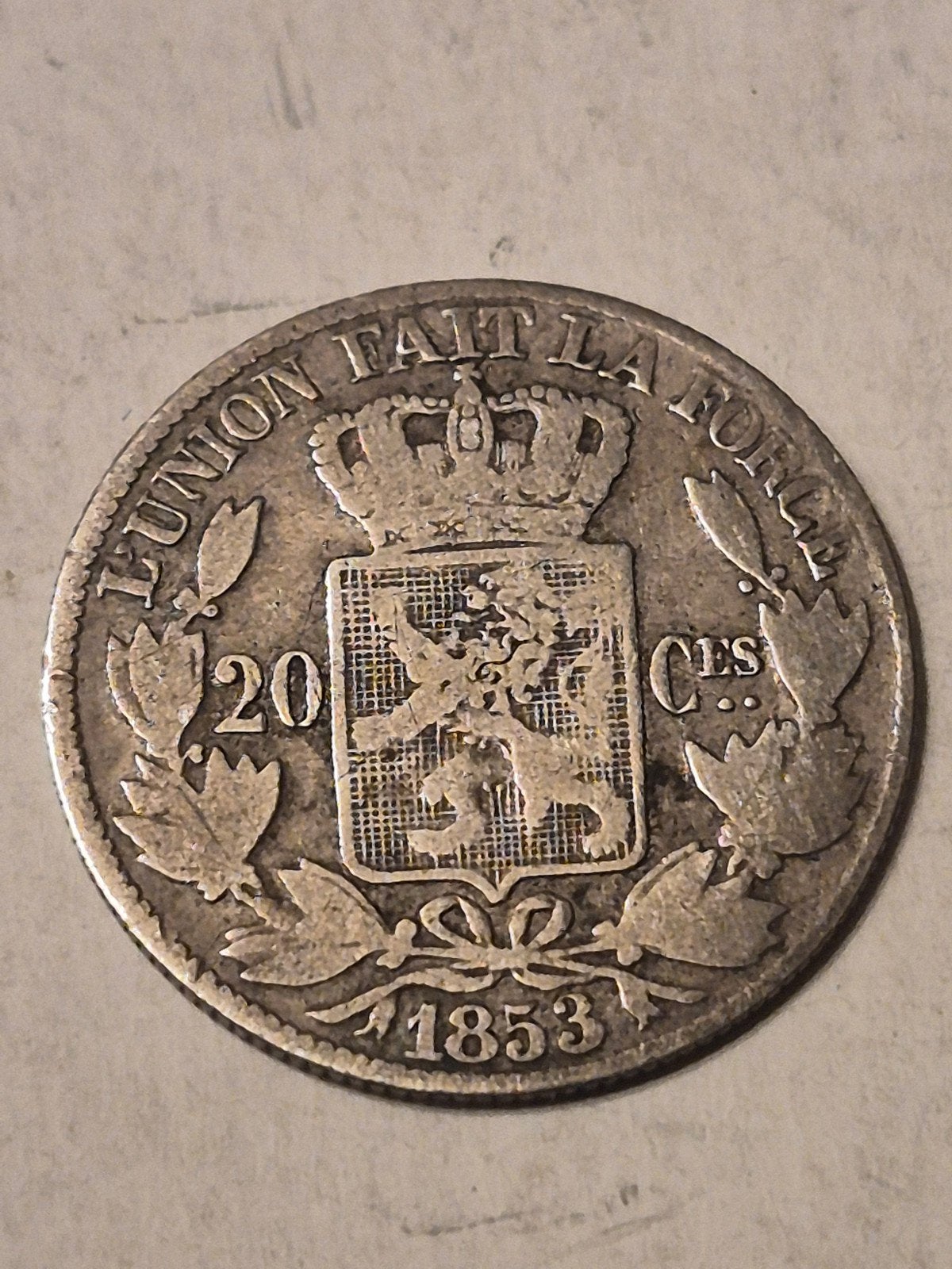 Zilverstukje 20 cent 1853  blootshoofds leopold 1, Zilver, Ophalen of Verzenden, Losse munt, Zilver