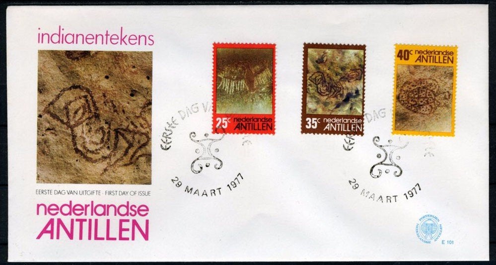 NL. ANTILLEN E101 FDC 1977 - Indianentekeningen, Verzenden, Gestempeld