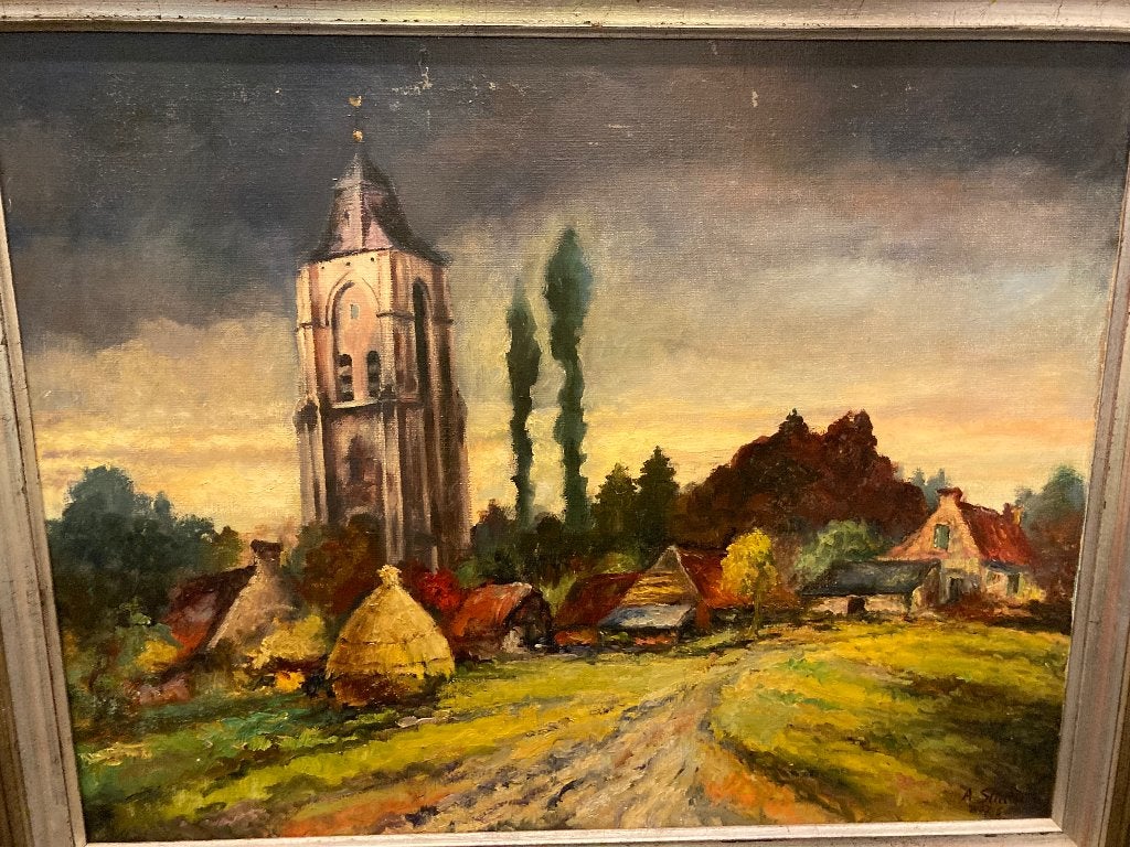 Origineel schilderij A.Steel - Vlaams dorpslandschap, Signé, Peinture à l'huile, Paysage, Enlèvement