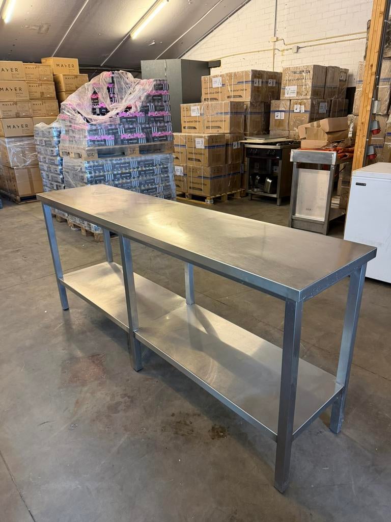Stevige RVS Werktafel met Onderschap – 210cm – Horeca, Ophalen, Gebruikt, Meubilair