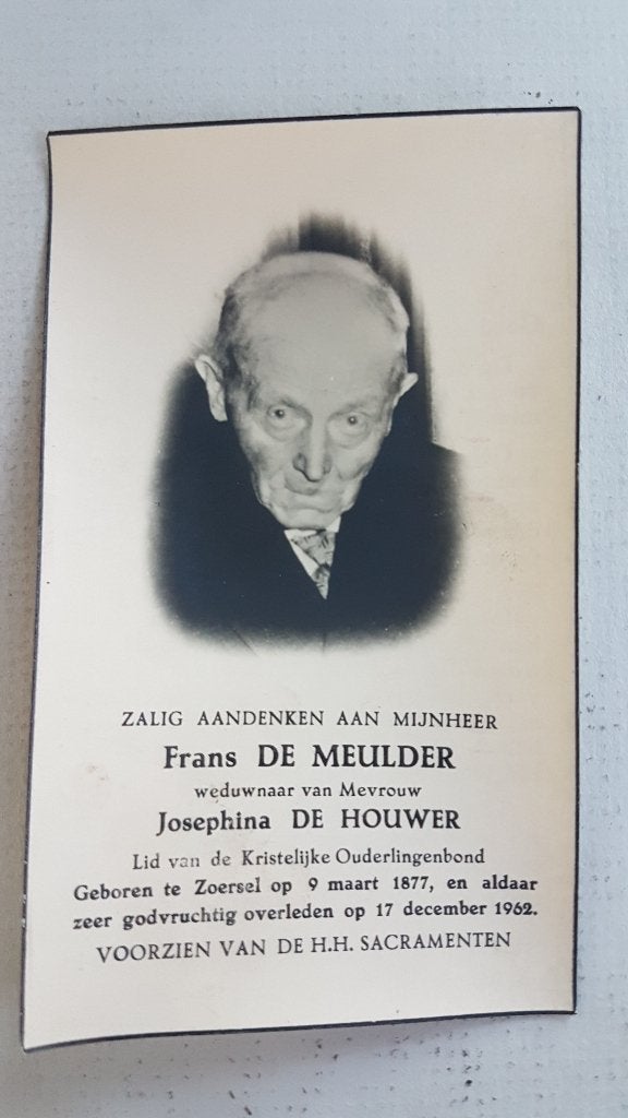 DP Frans De Meulder (x Josephina De Houwer ) Zoersel, Ophalen of Verzenden