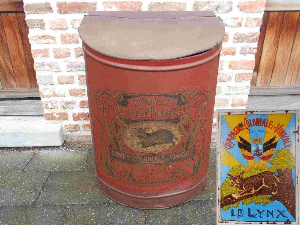 Boîte à café du XIXe siècle (société coloniale Le Lynx), Collections, Enlèvement ou Envoi, Utilisé, Emballage