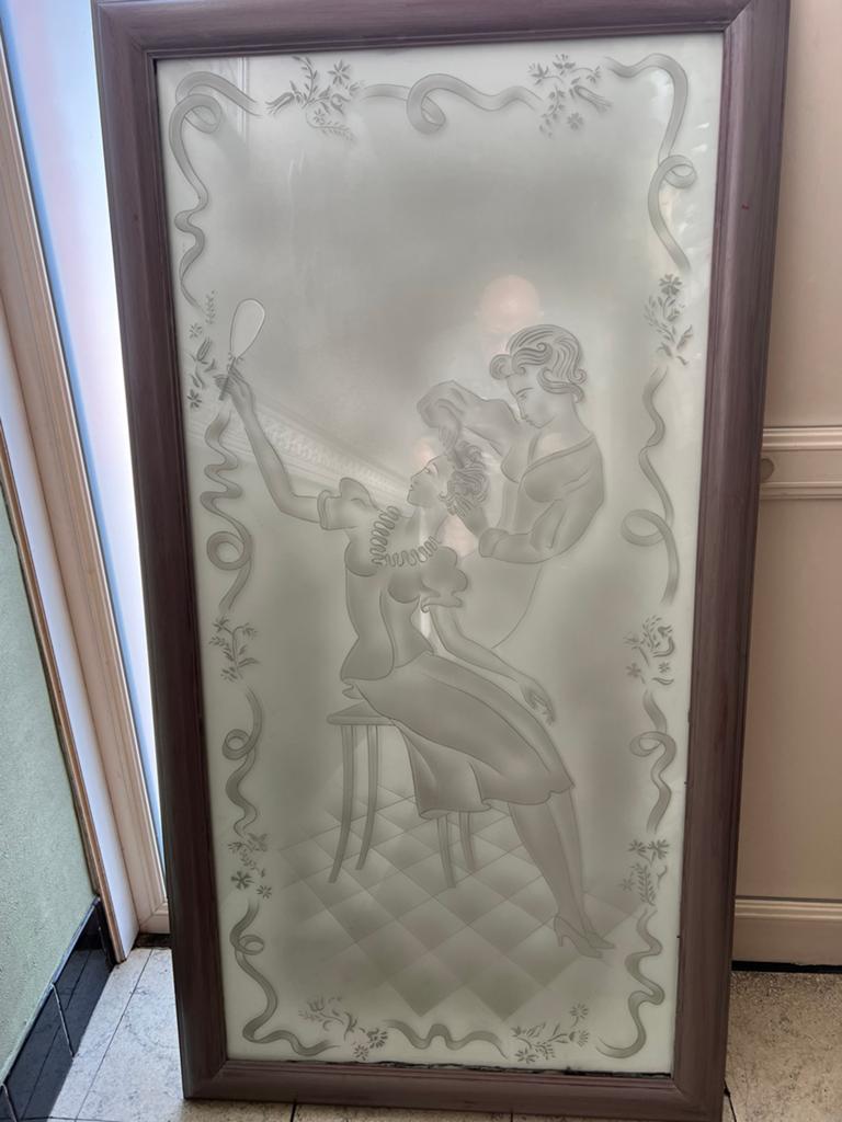 Art Nouveau geslepen glaspaneel uit deur “ kapper”, Enlèvement