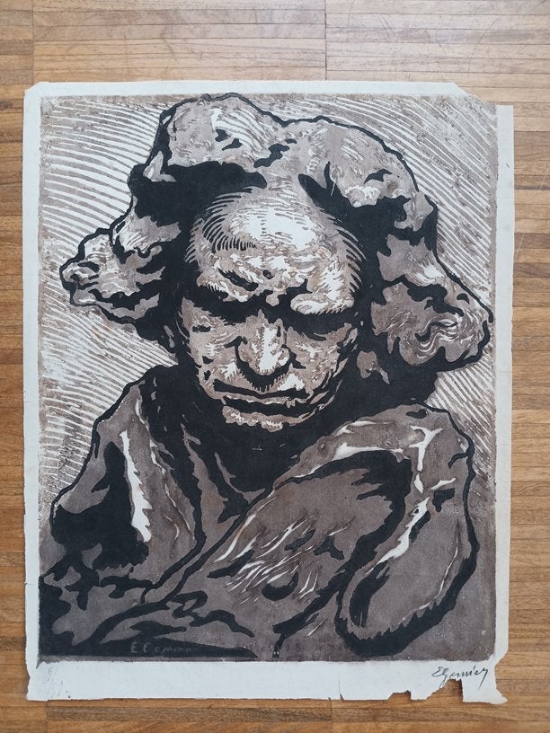 Oude houtgravure gesigneerd Ernest Gomier (1887-?), Antiek en Kunst, Ophalen of Verzenden, Gravure, Gesigneerd