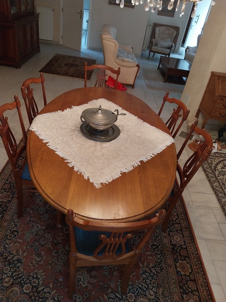 Klassieke eiken eetkamerset – ovale tafel + 6 stoelen, Ophalen, Gebruikt, 100 tot 150 cm, Eikenhout