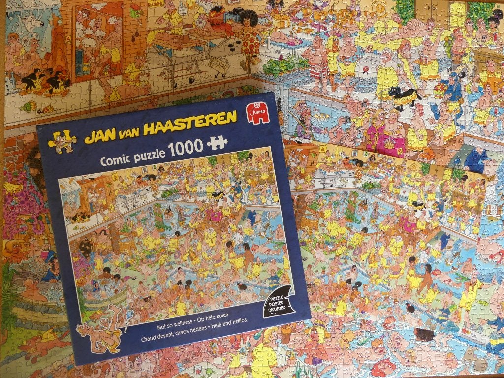 Puzzel Jumbo Jan Van Haasteren - Op hete kolen - 1000 st, Ophalen of Verzenden, 500 t/m 1500 stukjes, Zo goed als nieuw, Legpuzzel