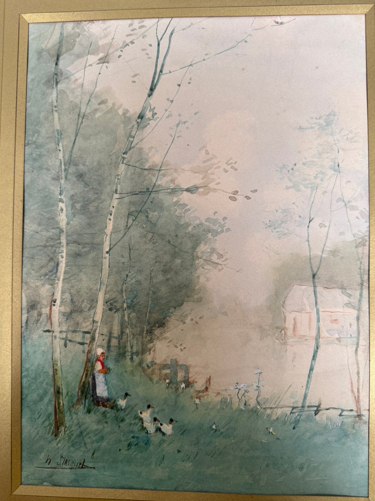 Landelijk tafereel Henri Stacquet1838-1906, Ophalen of Verzenden, Gesigneerd, Landschap, Aquarel