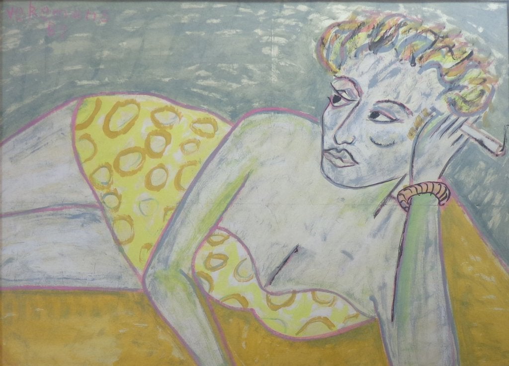BRUNO VEKEMANS / LIGGENDE VROUW / ORIGINEEL / 67x91cm KADER, Antiek en Kunst, Ophalen, Achter glas, Figuren, Glas