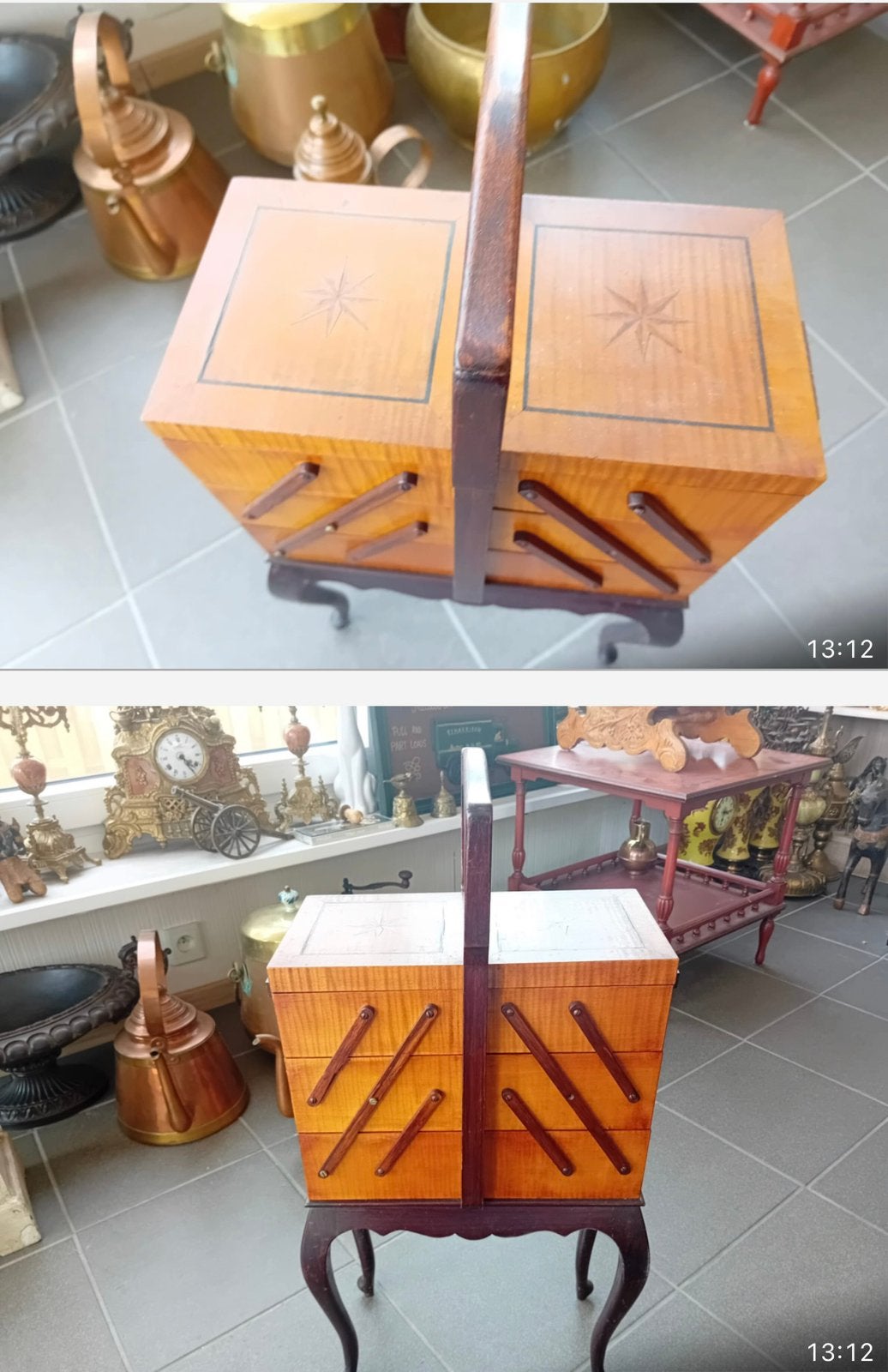 Vintage houten naaikist op poten met vakken, Hobby & Loisirs créatifs, Couture & Fournitures, Enlèvement, Comme neuf