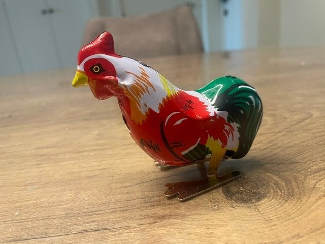 Vintage blikken opwindhaan – werkend met originele doos, Antiek en Kunst, Ophalen of Verzenden