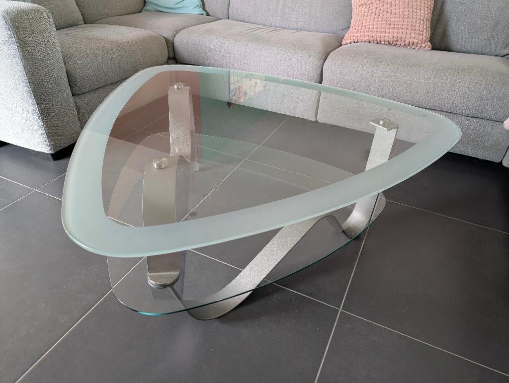 Design glazen salontafel met onderblad – organische vorm, Huis en Inrichting, Tafels | Salontafels, Gebruikt, Minder dan 50 cm