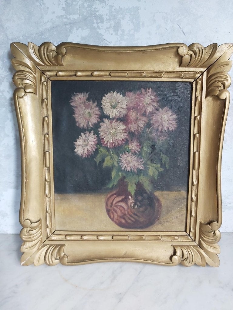 Decoratief oud bloemenschilderij mooie vergulde houten lijst, Antiek en Kunst, Bloemen, Doek, Ophalen of Verzenden, Bijzondere lijst
